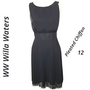 Ww Willa Waters Black Chiffon Pleasted Dress Cocktail Wedding Guest 12 VGUC